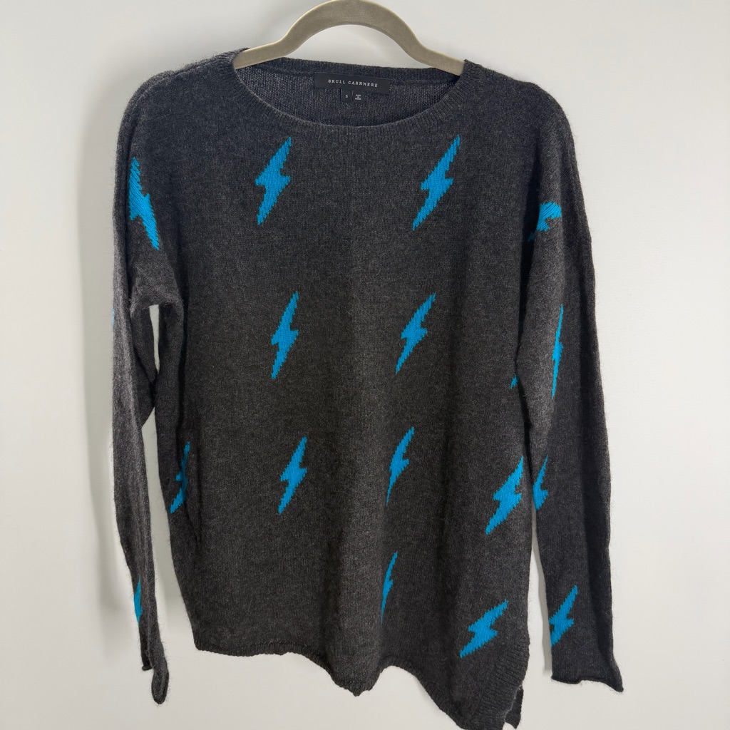 Skull Cashmere Asymmetric Gray And Blue Lightning Bolt 100% Cashmere Sweater